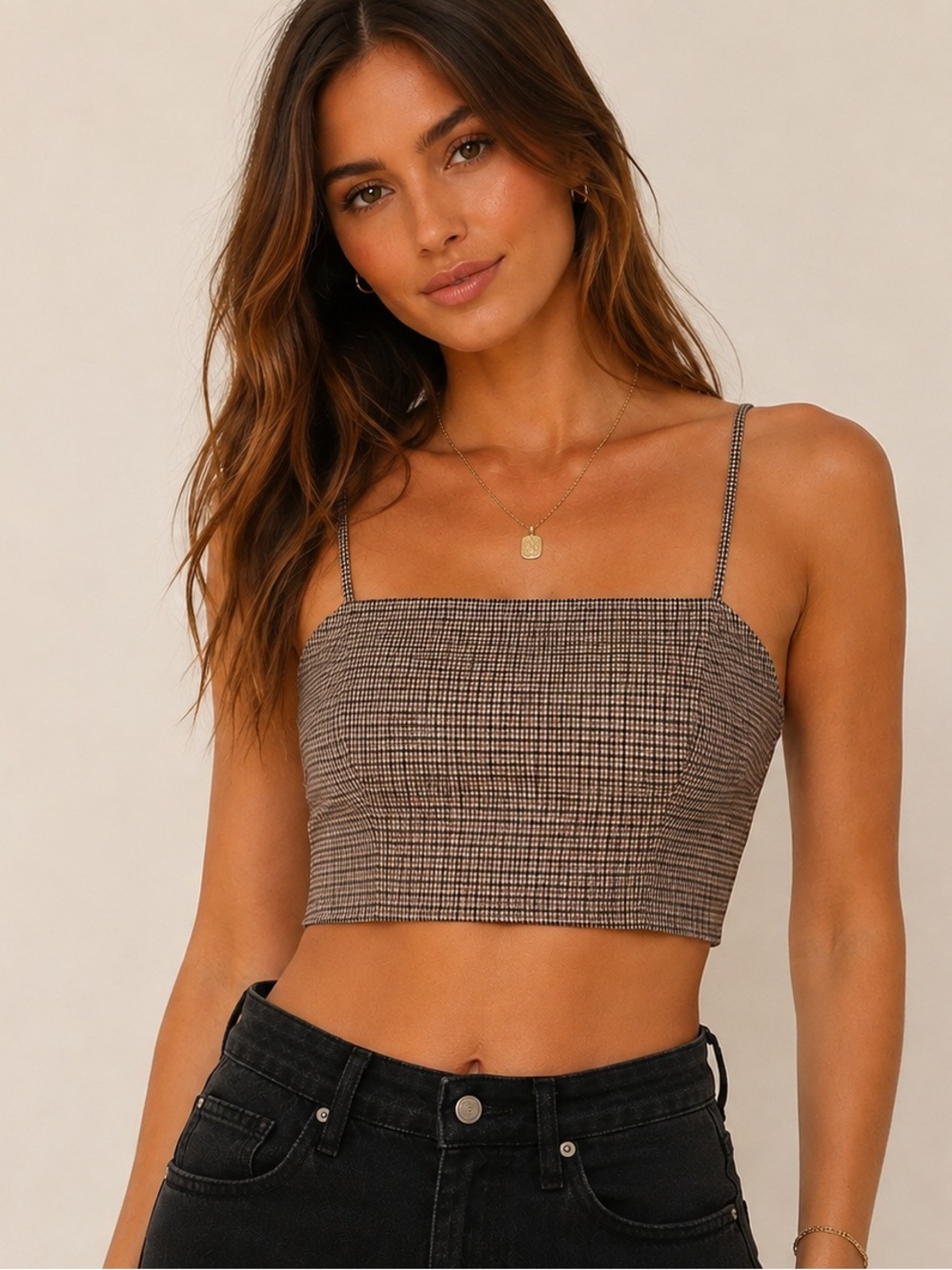House of Harlow 1960 Brown Plaid Cropped Top